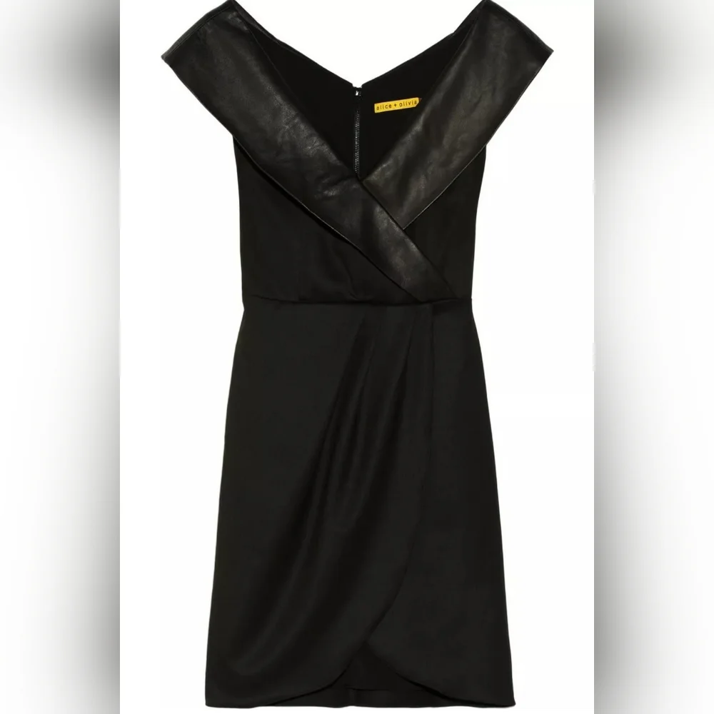 Alice + olivia Shayna Leather Trim Shawl Collar Faux Wrap Black Dress - Picture 13 of 15